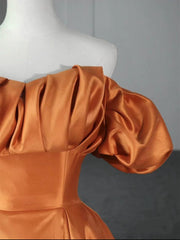 Off the Shoulder Orange Satin Long Prom Dresses For Black girls For Women, Orange Long Satin Formal Evening Dresses