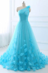 One Shoulder Blue Floral Long Prom Dresses, One Shoulder Blue Formal Dresses, 3D Flowers Blue Evening Dresses