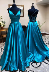 Blue V-Neck Satin Long Prom Dresses, Blue Backless Evening Dresses