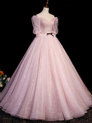 Pink A Line Puffy Sleeves Tulle Long Prom Dress Outfits For Girls, Pink Sweet 16 Dress