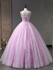 Pink A-Line Tulle Long Prom Dress Outfits For Girls, Pink Formal Sweet 16 Dress