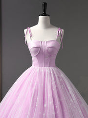 Pink A-Line Tulle Long Prom Dress Outfits For Girls, Pink Formal Sweet 16 Dress