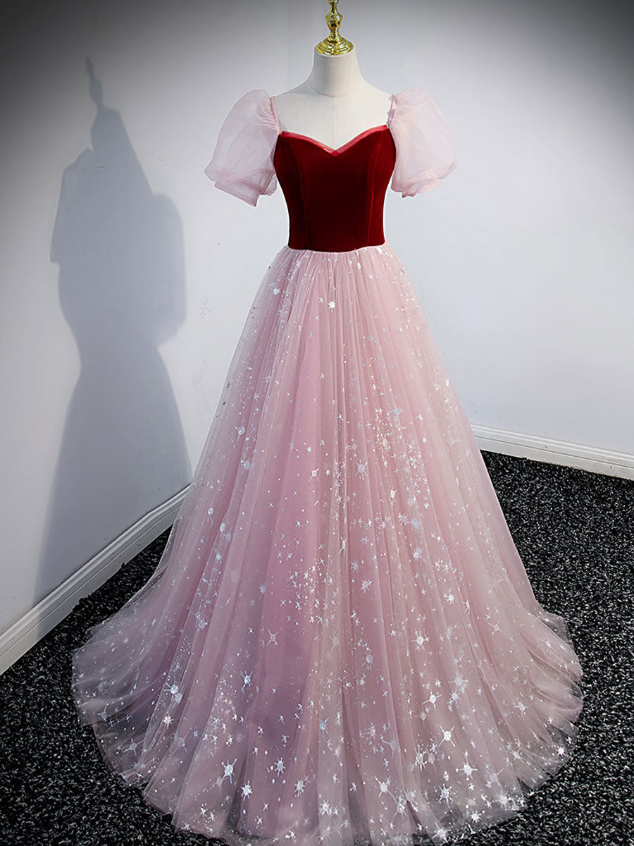 Pink A line Tulle Long Prom Dress Outfits For Girls, Pink Tulle Evening Graduation Dresses