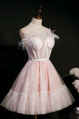 Pink A-Line Tulle Short Prom Dress Outfits For Women with Feather, Pink Strapless Party Dress