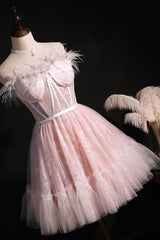 Pink A-Line Tulle Short Prom Dress Outfits For Women with Feather, Pink Strapless Party Dress