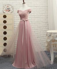 Pink A LineTulle Off Shoulder Long Prom Dress Outfits For Girls, Evening Dress