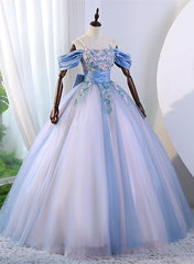 Pink and Blue Off Shoulder with Lace Applique Formal Dress Outfits For Girls, Sweet 16 Gown Formal Dress