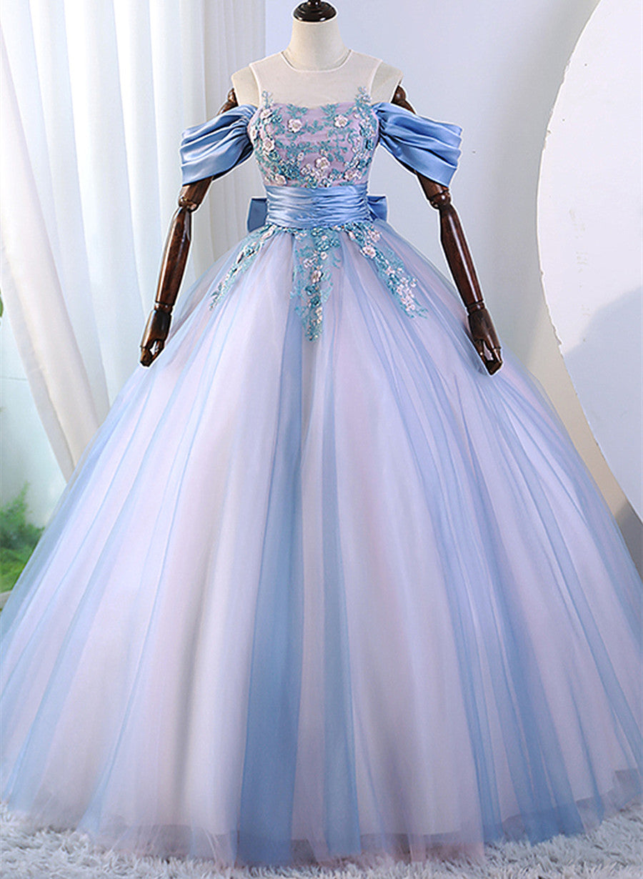 Pink and Blue Off Shoulder with Lace Applique Formal Dress Outfits For Girls, Sweet 16 Gown Formal Dress