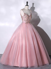 Pink Ball Gown Beaded V-neckline Prom Dress Outfits For Girls, Pink Sweet 16 Dresses