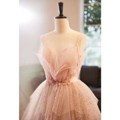 Pink Beaded V-neckline Tulle Party Dress Outfits For Women Prom Dress Outfits For Girls, Tulle Layers Sweet 16 Dress