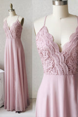 Pink Chiffon Lace Long A-Line Prom Dress Outfits For Girls, Pink V-Neck Evening Dress
