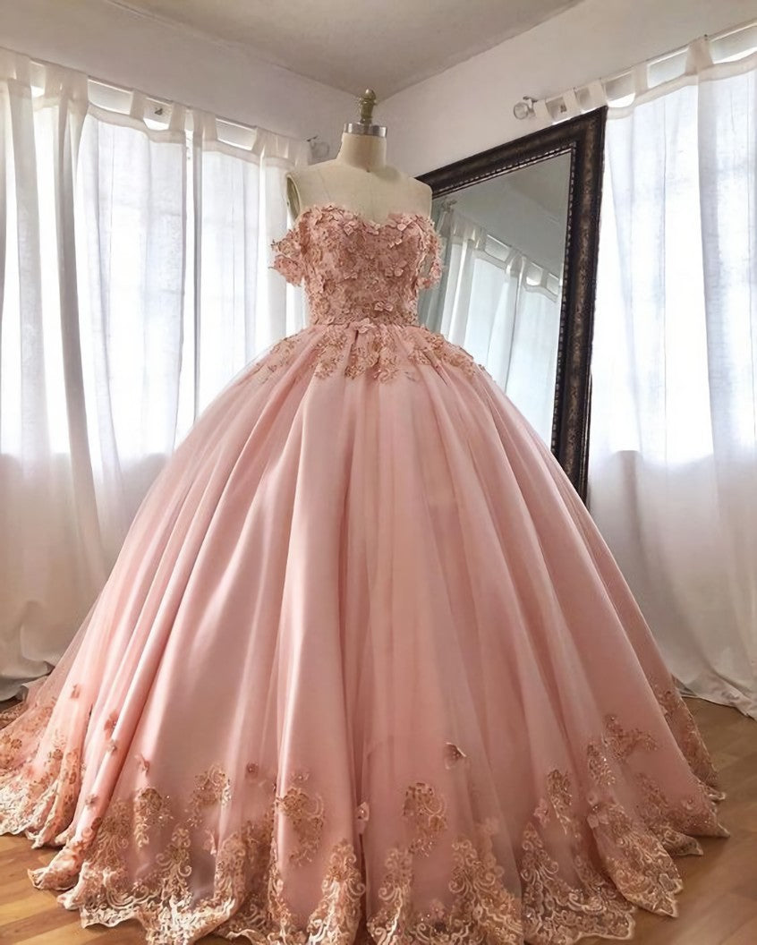 Pink Embroidered Lace Quinceanera Dresses For Black girls Ball Gowns, Long Prom Dress