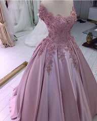 Pink Flowers Off Shoulder Satin Ball Gown Prom Dress Outfits For Girls, Pink Evening Dress Outfits For Women Party Dress