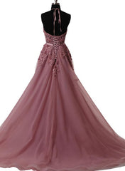 Pink Halter Lace-up Long Formal Gown, Pink Party Dresses