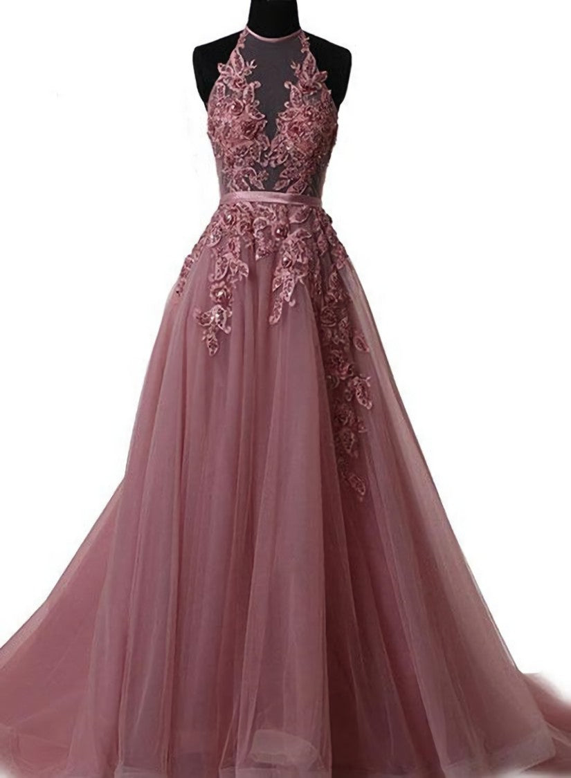 Pink Halter Lace-up Long Formal Gown, Pink Party Dresses