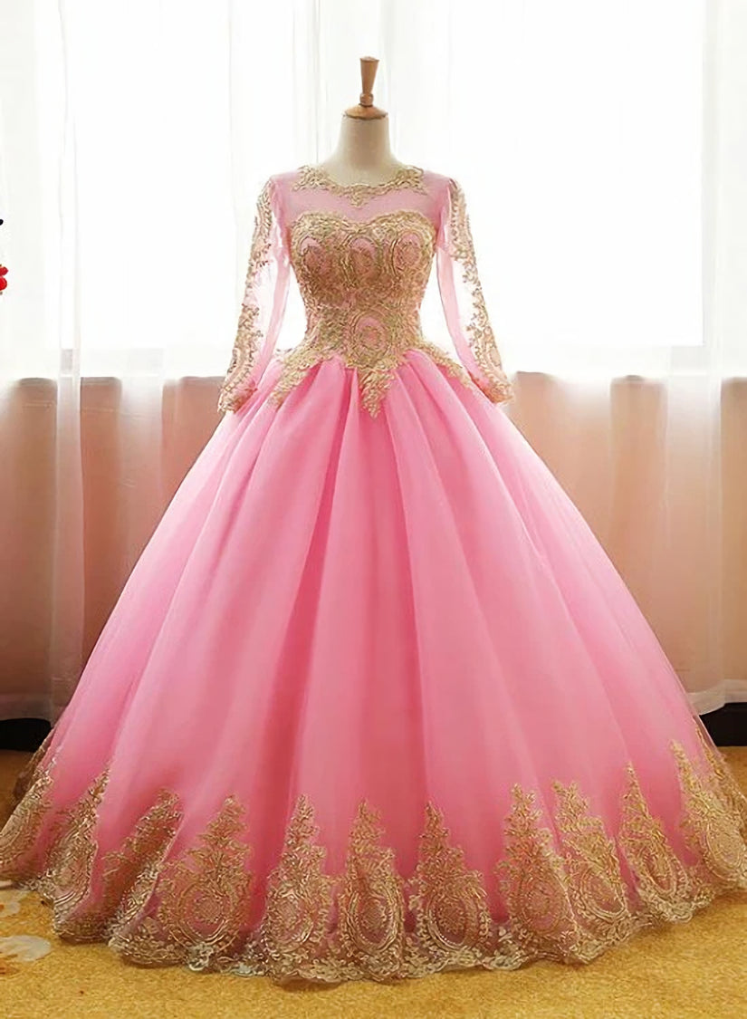 Pink Long Sleeves Tulle Round Neckline Sweet 16 Dresses For Black girls For Women, Pink Formal Gown