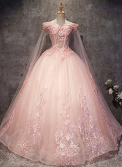 Pink Long Tulle with Lace Applique Ball Gown Sweet 16 Dresses For Black girls For Women, Pink Formal Dresses