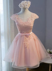 Pink Lovely Cap Sleeves Knee Length Formal Dress Outfits For Girls, Pink Tulle Prom Dress