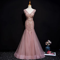 Pink Mermaid Tulle Long Evening Dress Outfits For Women with Lace, V-neckline Floor Length Prom Dress