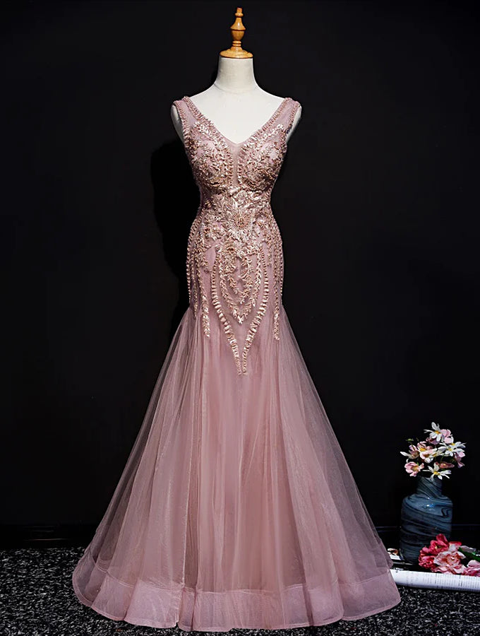 Pink Mermaid Tulle Long Evening Dress Outfits For Women with Lace, V-neckline Floor Length Prom Dress