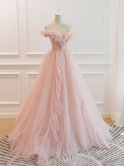 Pink Off Shoulder Tulle Long Prom Dress Outfits For Girls, Pink A line Tulle Graduation Dress