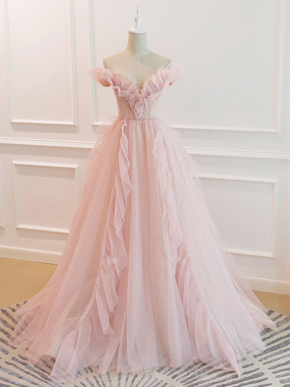 Pink Off Shoulder Tulle Long Prom Dress Outfits For Girls, Pink A line Tulle Graduation Dress