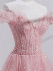 Pink Off Shoulder Tulle Tea Length Prom Dress Outfits For Girls, Tulle Formal Dress