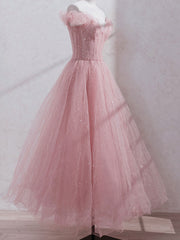 Pink Off Shoulder Tulle Tea Length Prom Dress Outfits For Girls, Tulle Formal Dress