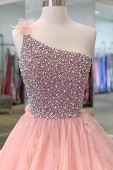 Pink One Shoulder Beaded Prom Dress Outfits For Girls, Pink Tulle Layers Evening Gown