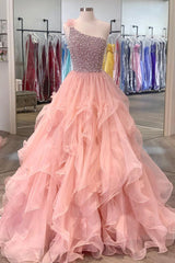 Pink One Shoulder Beaded Prom Dress Outfits For Girls, Pink Tulle Layers Evening Gown