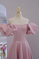 Pink Satin Long A-Line Prom Dress Outfits For Girls, Pink Puff Sleeves Formal Evening Dress