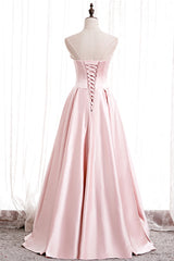 Pink Satin Long Prom Dress Outfits For Women with Pearls, Pink Strapless Evening Dress