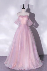 Pink Sequins Long A-Line Prom Dress Outfits For Girls, Off the Shoulder Evening Party Dress