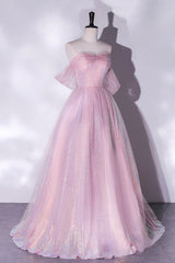 Pink Sequins Long A-Line Prom Dress Outfits For Girls, Off the Shoulder Evening Party Dress