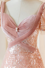 Pink Sequins Long Prom Dress Outfits For Girls, A-Line Short Sleeve Evening Dress