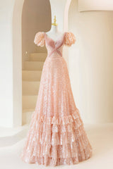 Pink Sequins Long Prom Dress Outfits For Girls, A-Line Short Sleeve Evening Dress