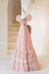 Pink Sequins Long Prom Dress Outfits For Girls, A-Line Short Sleeve Evening Dress