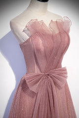 Pink Shiny Tulle Long A-Line Prom Dress Outfits For Girls, Lovely Strapless Evening Dress