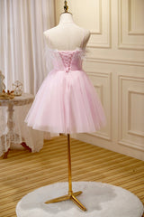 Pink Spaghetti Strap Tulle Short Prom Dress Outfits For Women with Feather, Pink Party Dress