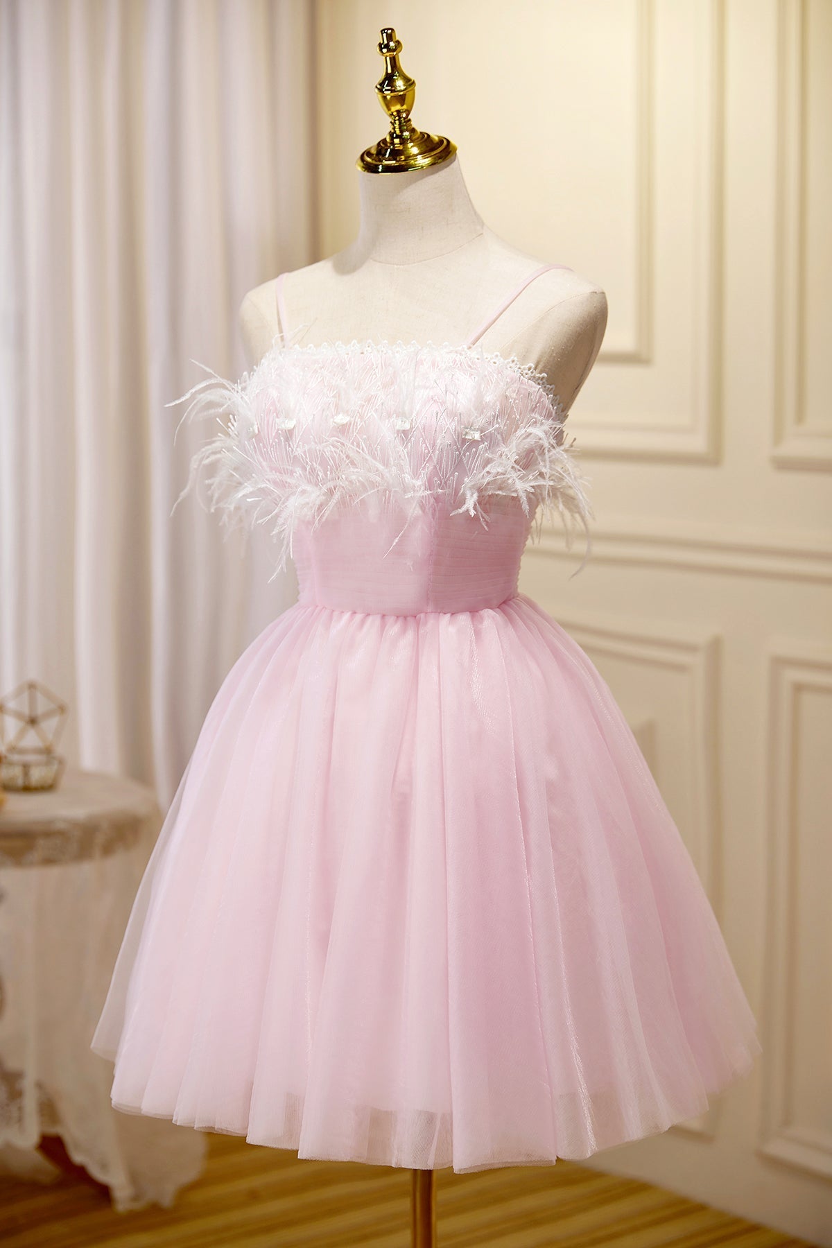 Pink Spaghetti Strap Tulle Short Prom Dress Outfits For Women with Feather, Pink Party Dress