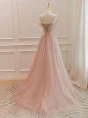 Pink Sparkle Tulle with Beadings Long A-line Formal Dress Outfits For Girls, Pink Tulle Sweetheart Prom Dress
