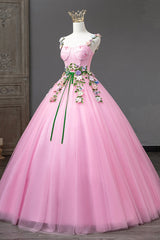 Pink Straps Tulle Sweetheart Ball Gown with Flowers, Pink Formal Dress Outfits For Women Prom Dress