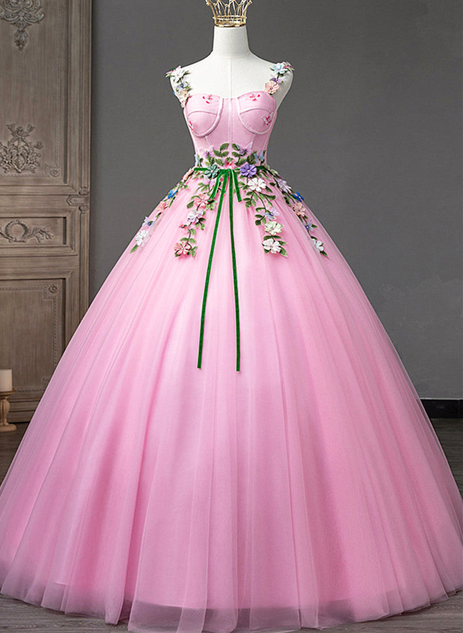 Pink Straps Tulle Sweetheart Ball Gown with Flowers, Pink Formal Dress Outfits For Women Prom Dress