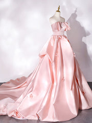 Pink Sweep Train Satin Long Prom Dress Outfits For Girls, Pink Formal Evening Dresses