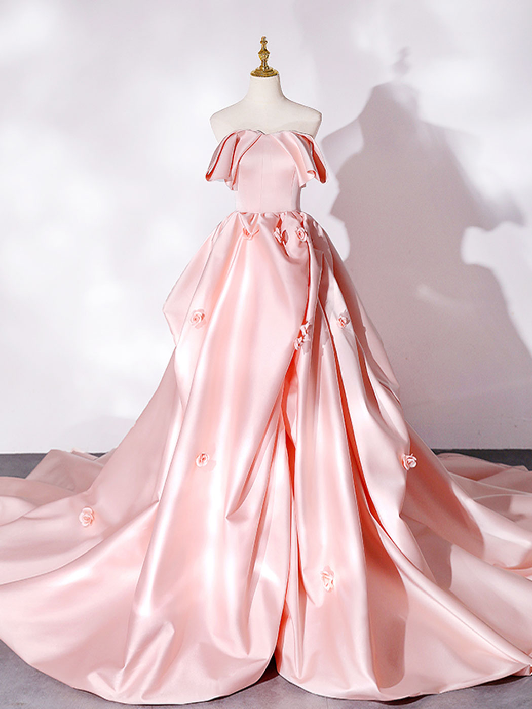 Pink Sweep Train Satin Long Prom Dress Outfits For Girls, Pink Formal Evening Dresses