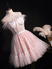 Pink Sweetheart Neck Tulle Lace Short Prom Dress Outfits For Girls, Puffy Pink Homecoming Dress