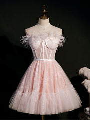 Pink Sweetheart Neck Tulle Lace Short Prom Dress Outfits For Girls, Puffy Pink Homecoming Dress