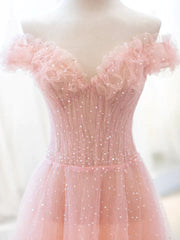 Pink Tulle A-line Long Prom Dress Outfits For Women with Sequins, Off Shoulder Evening Dresses