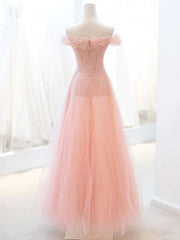 Pink Tulle A-line Long Prom Dress Outfits For Women with Sequins, Off Shoulder Evening Dresses