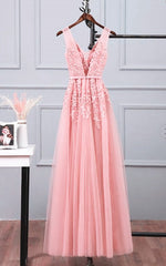 Pink Tulle A-line Simple Long Party Dress Outfits For Girls, A-line Prom Dresses For Black girls Evening Dress